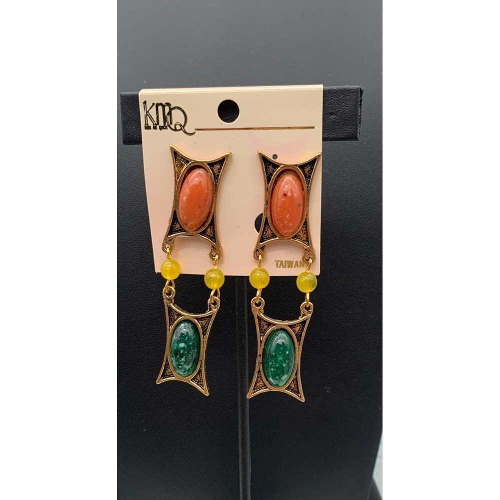 Vintage 80s KMQ Kiss Me Quick Gold Tone Multi Color Cabachon Clip On Earrings